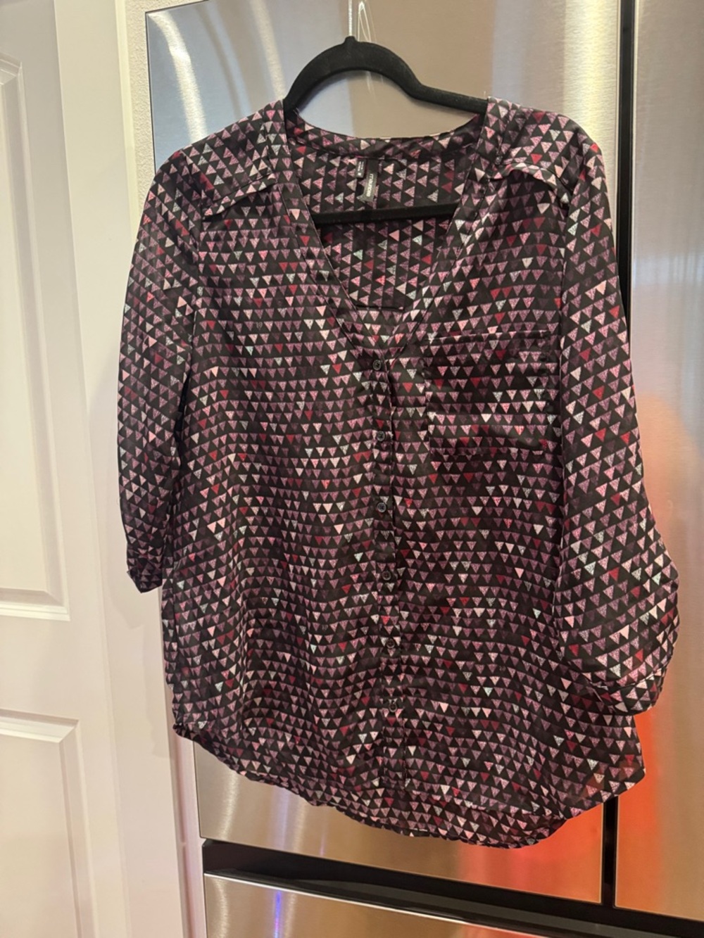 Maurices Black Blouse with Pink & Purple Triangle Print